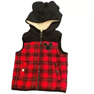 Disney Junior Puffer Vest Size 24 Mos Black Red Plaid Mickey Mouse Ears Hooded